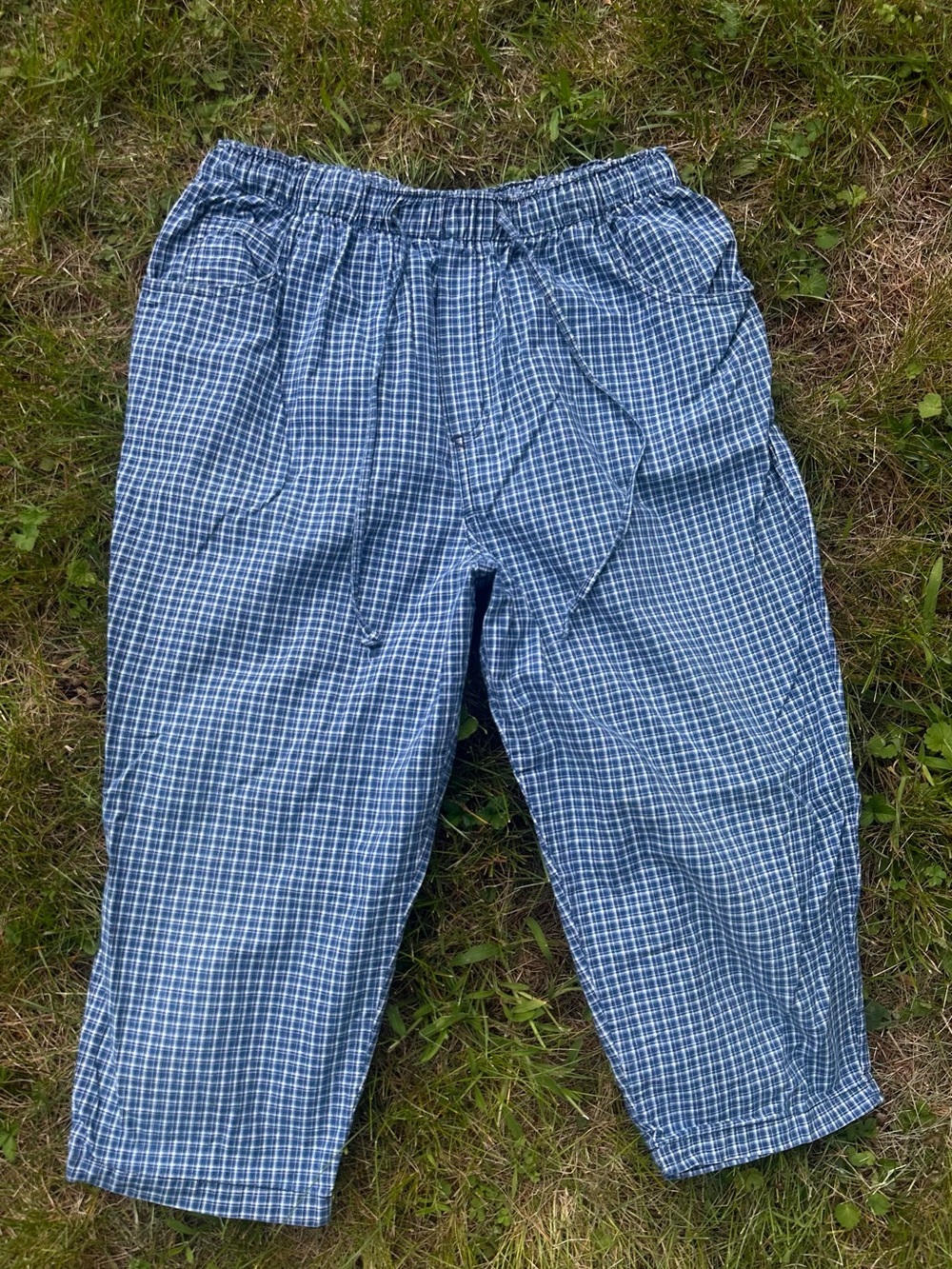 90’s Cotton Houndstooth Blue Plaid Pull-On Capris with 4 Pockets & Drawstring